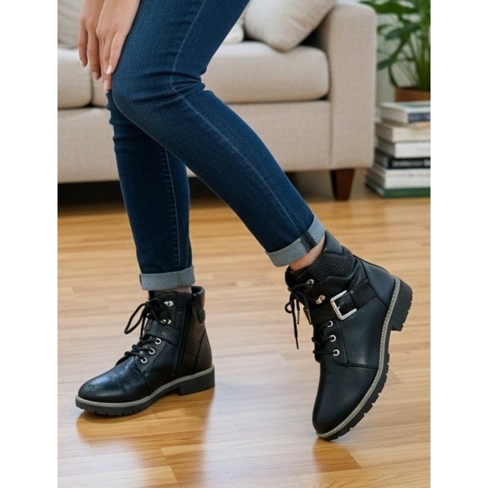 Nautica Siana Black Womens 8.5 Combat Boots Knit Collar Buckle Strap Sanitized